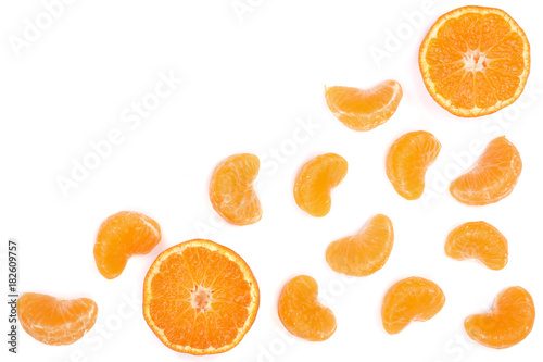 slices tangerine with leaves isolated on white background with copy space for your text. Flat lay, top view.