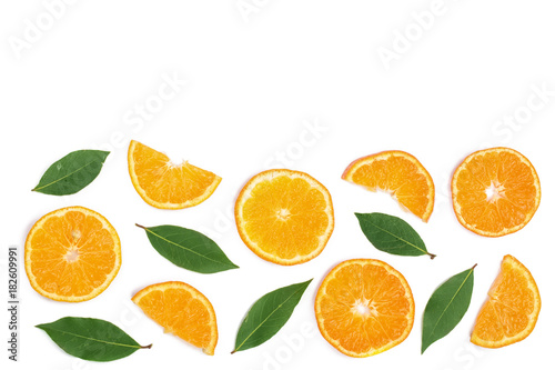 slices of tangerine with leaves isolated on white background with copy space for your text. Flat lay, top view.