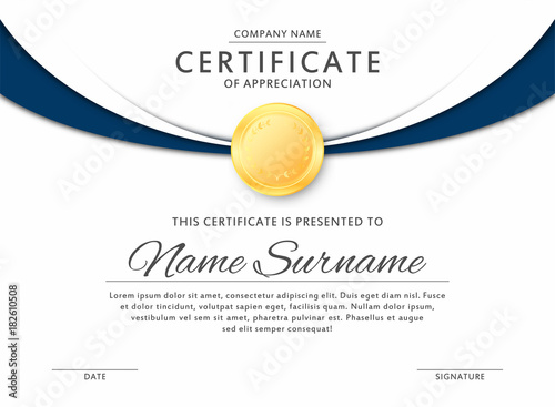 Certificate template in elegant black and blue colors. Certificate of appreciation, award diploma design template