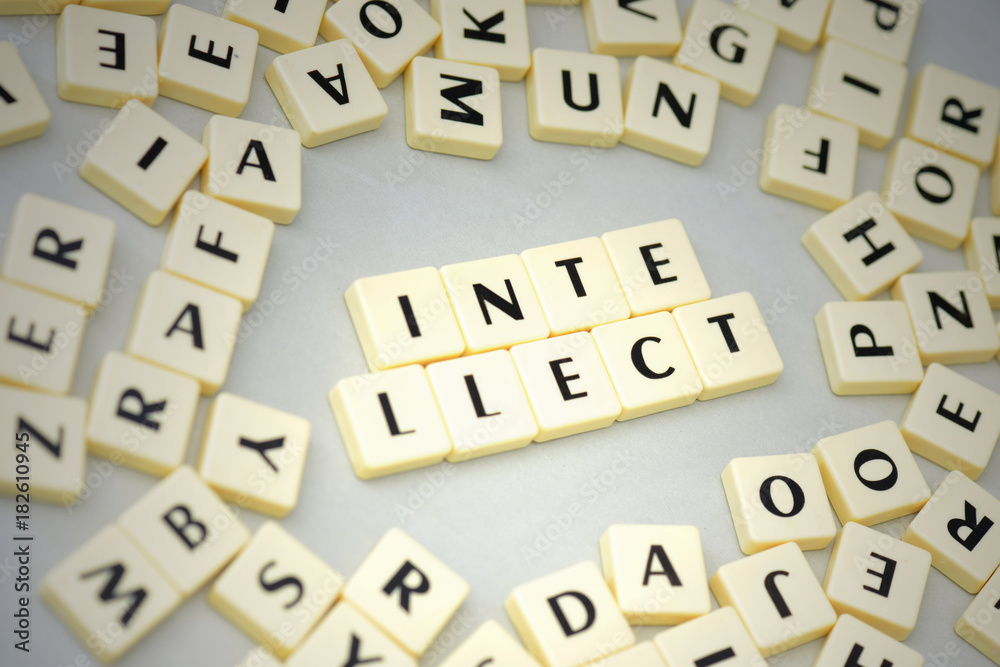text intellect on the gray background near the letters. text intellect on the gray background near the letters.