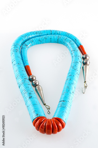 Vintage Santo Domingo Native American Sterling Silver and Hand Rolled Turquoise Graduated Heishi Bead Jacla Necklace with Red Jasper Beads. photo