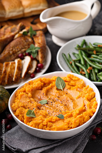 Mashed sweet potatoes on Thanksgiving table