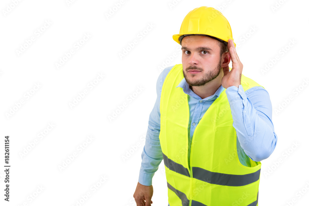 Happy professional engineer pointing to something isolated on white background. Happy professional engineer pointing to something isolated on white background.