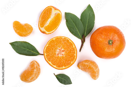 orange or tangerine with leaves isolated on white background. Flat lay, top view. Fruit composition