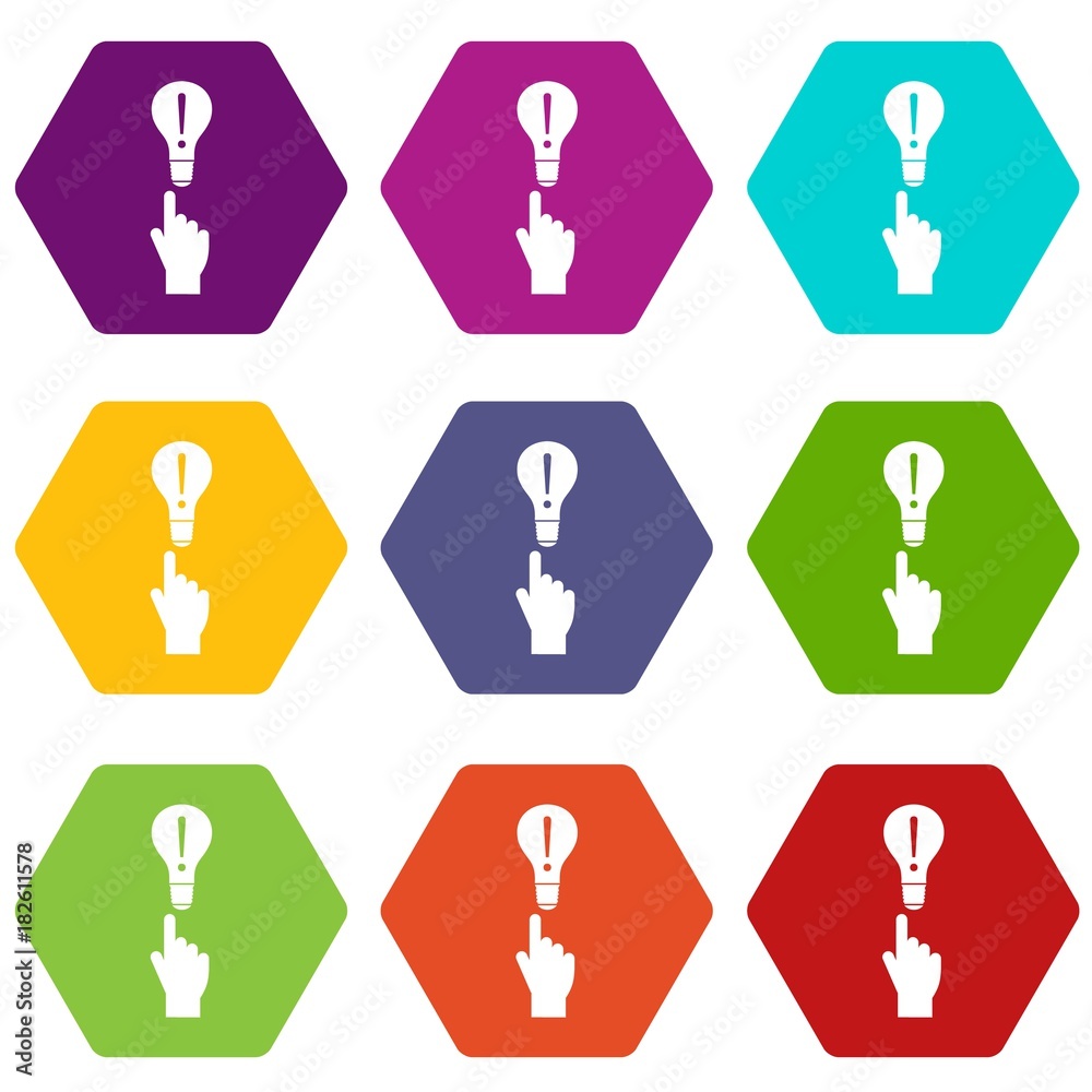 A finger pointer and light bulb icon set color hexahedron