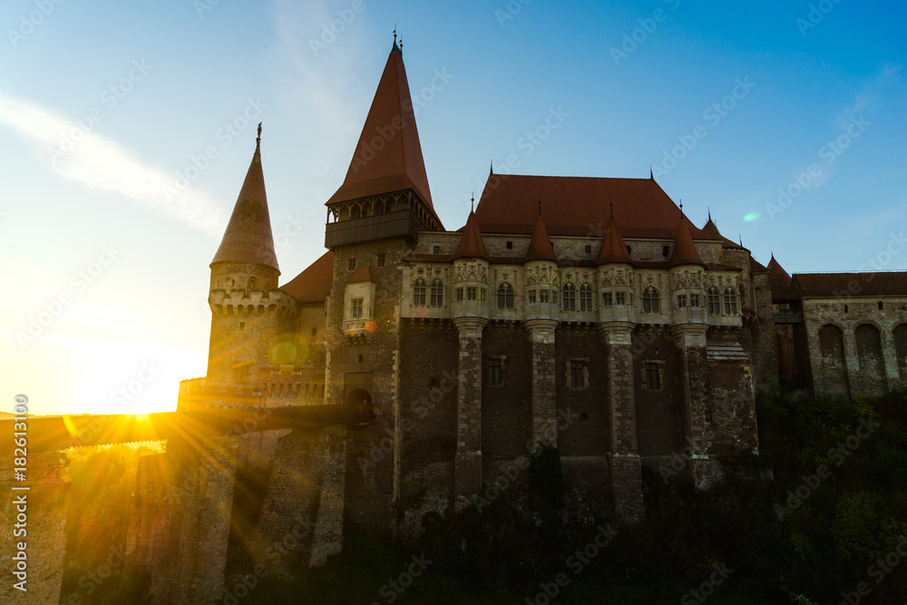Medieval castle , Corvinesti castle at sunrise