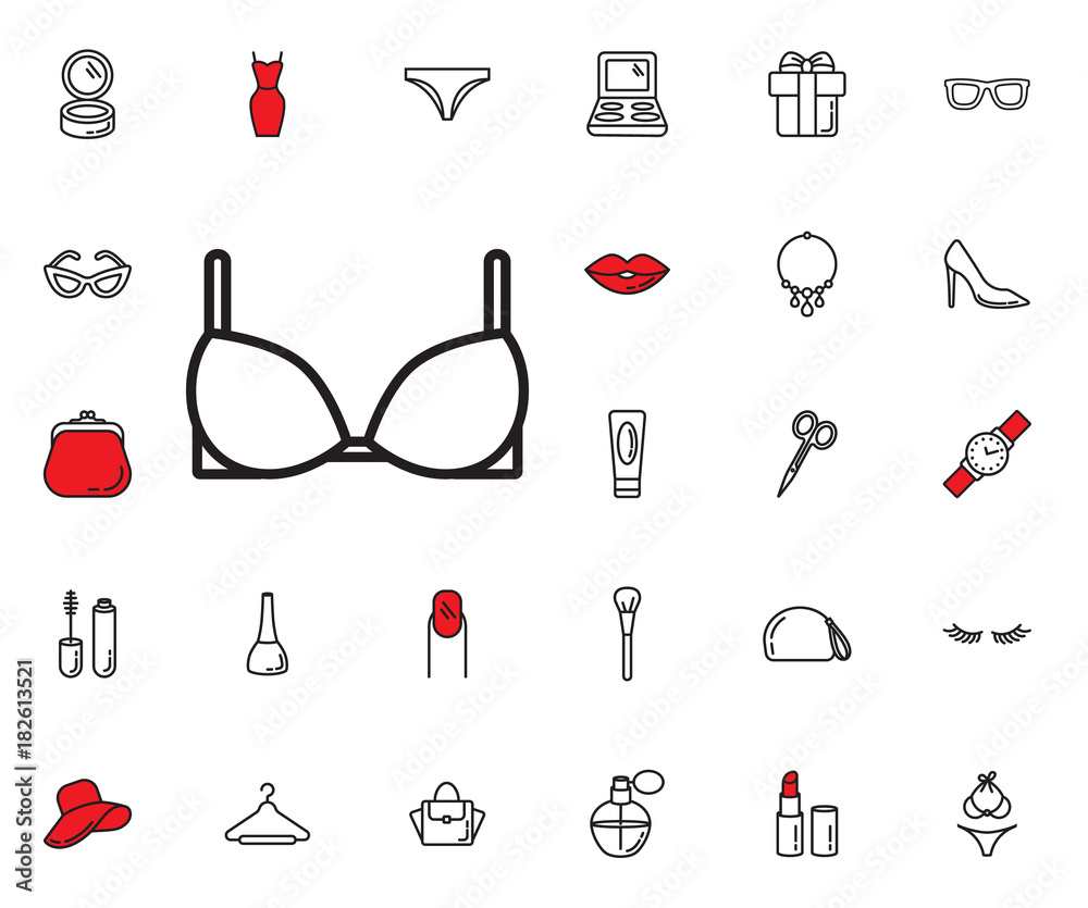Vecteur Stock Bra or brassiere female breast line icon. Beauty, Cosmetic,  Shopping and Makeup Vector Icons Set . Cosmetic products, makeup brushes,  lipstick, perfume, eye makeup. Women accessories. Fashion icons