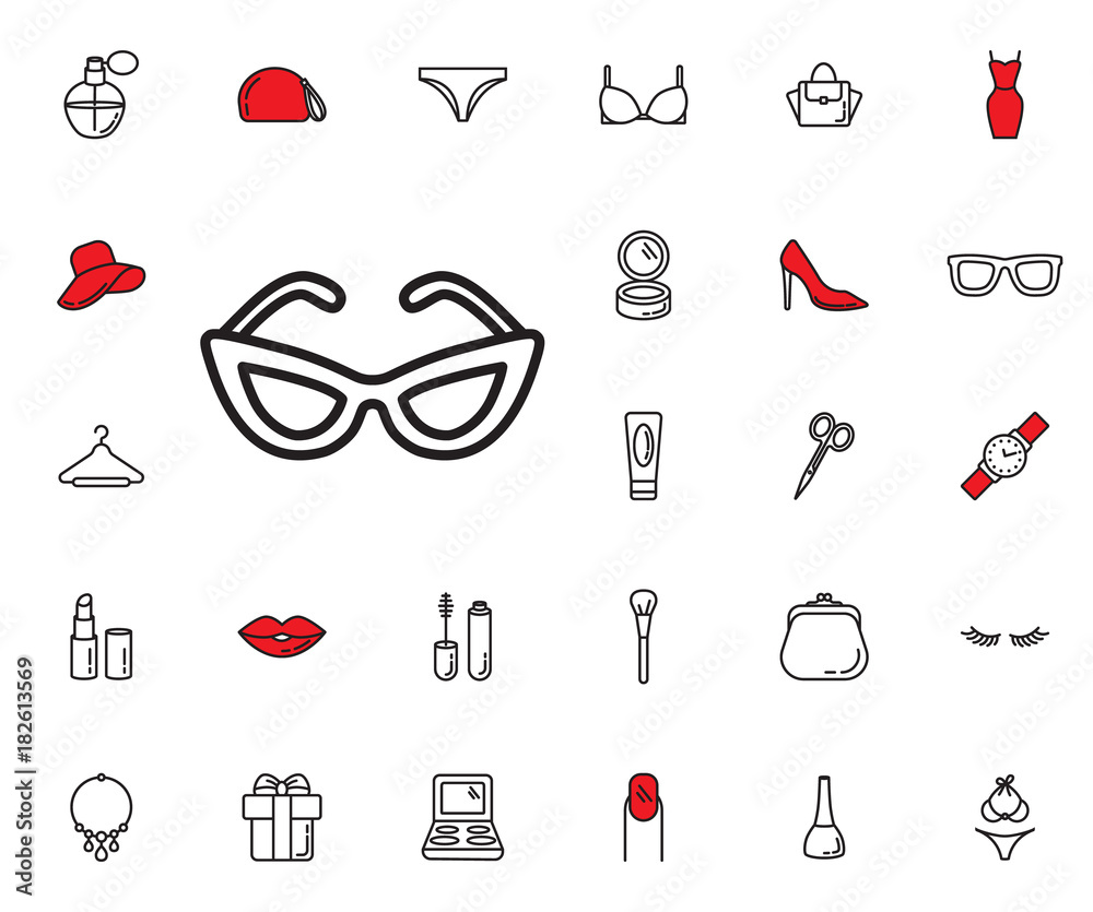 Woman sun glasses icon. Beauty, Cosmetic, Shopping and Makeup Vector Icons  Set . Cosmetic products, makeup brushes, lipstick, perfume, eye makeup.  Women accessories. Fashion icons Stock Vector | Adobe Stock