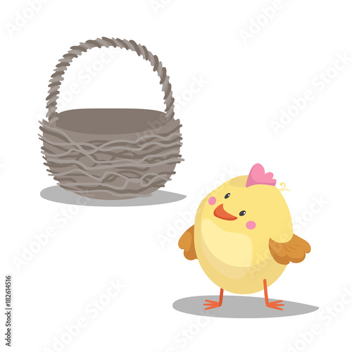Cartoon cute boy chick looking on empty basket. Easter icon symbol. Vector illustration.