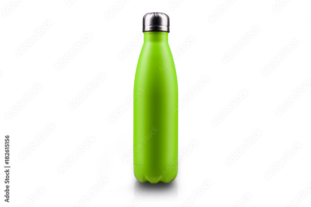 Stainless thermos water bottle, isolated on white background. Light green color. Stainless thermos water bottle, isolated on white background. Light green color.