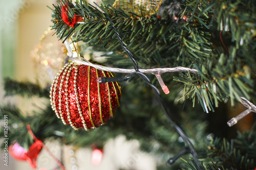 Christmas tree background, christmas ball close up photo