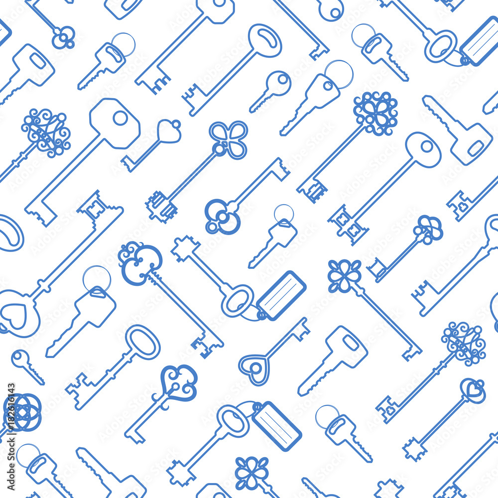 Key seamless pattern in blue outline Key seamless pattern in blue outline