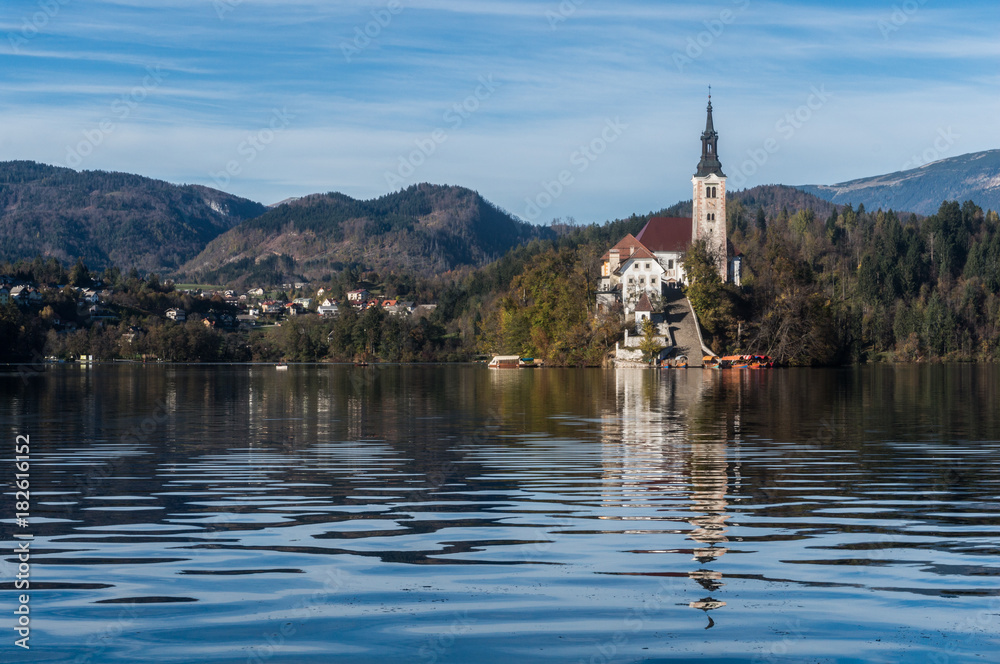 The bled church and a view towards the north-western shore of the lake