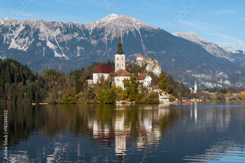 The splendid Bled church with the beautiful Alps in the background