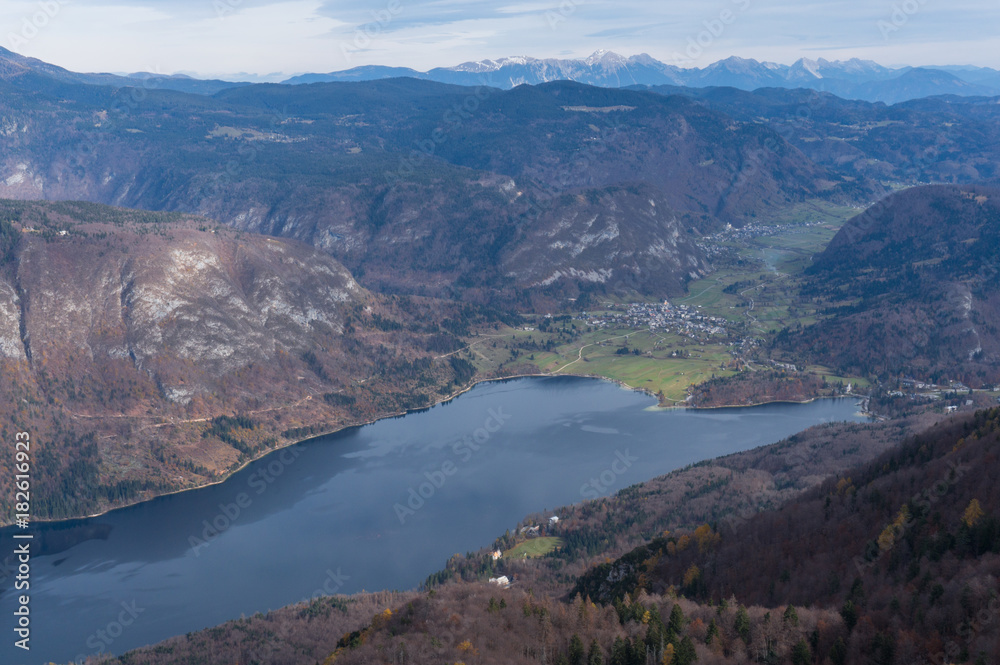 View of Lake Bohinj from the cable car on the way up to the Vogel ski resort