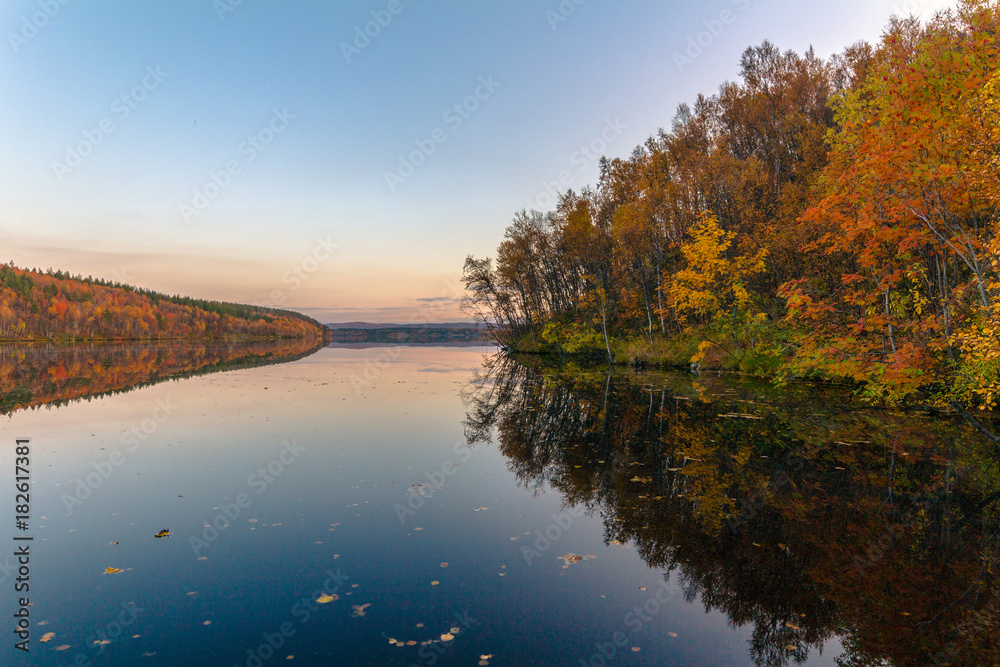 Picturesque autumn landscape.Autumn leaves in the water of a large forest lake Picturesque autumn landscape.Autumn leaves in the water of a large forest lake