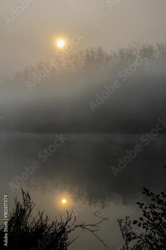 Il disco giallo del sole alza nella nebbia nebbiosa del mattino
