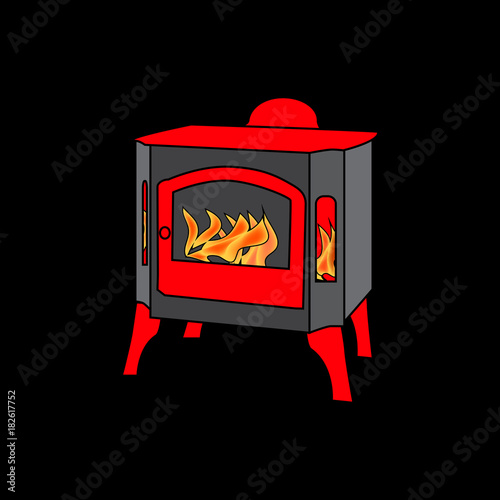 Metal fireplace in flat style. Vector illustration of hearth. Christmas Stove illustration isolated on black background