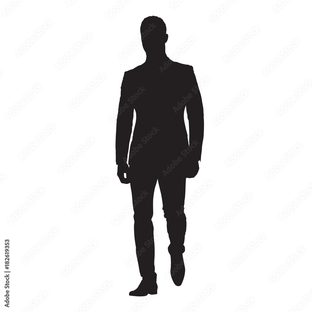 Businessman in suit walking forward. Front view. Isolated vector silhouette. Young man in formal dress Businessman in suit walking forward. Front view. Isolated vector silhouette. Young man in formal dress
