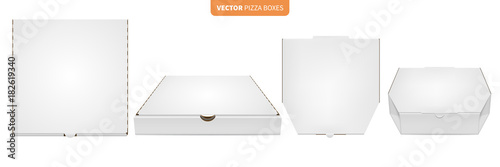 Realistic White pizza box mock up isolated on transparent background. Cardboard food box set. Detailed white blank packaging in different angles. Vector eps 10.