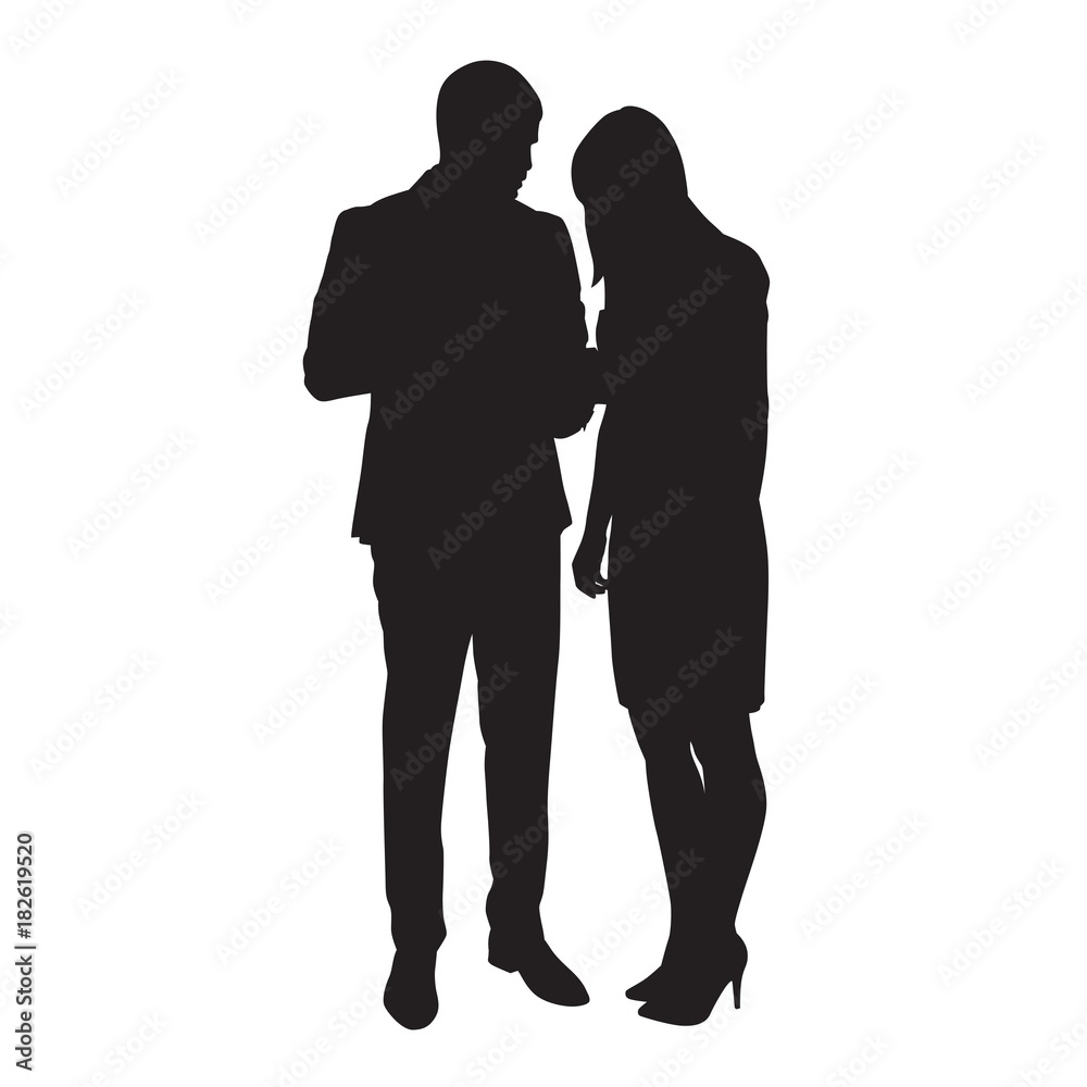 Business people, man and woman standing and tallking together. Isolated vector silhouettes