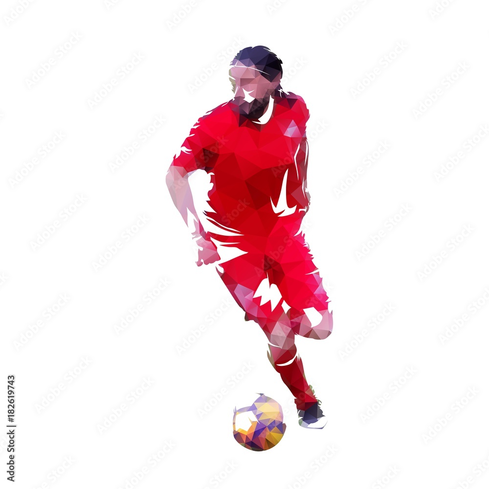 Soccer player running with ball, abstract low poly vector illustration