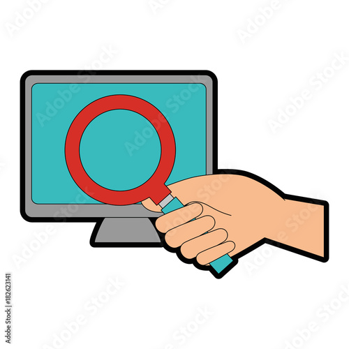 monitor computer with magnifying glass vector illustration design