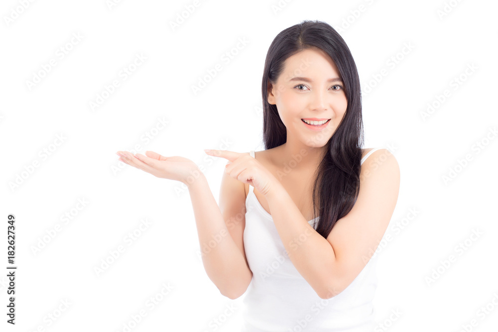 Portrait of beautiful asian woman makeup of cosmetic, girl hand pointing something and smile attractive, face of beauty perfect with wellness isolated on white background with skin healthcare concept. Portrait of beautiful asian woman makeup of cosmetic, girl hand pointing something and smile attractive, face of beauty perfect with wellness isolated on white background with skin healthcare concept.