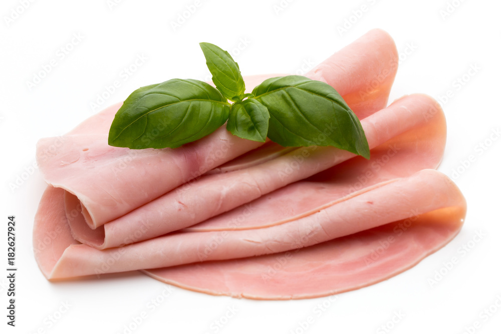 Sliced boiled ham sausage isolated on white background, top view. Sliced boiled ham sausage isolated on white background, top view.