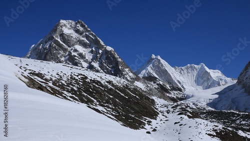 Scene on the way to the Cho La mountain pass. Mountains and glacier in the Mount Everest National Park  Nepal.