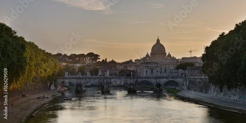 View at Tiber and St. Peter's cathedral in Rome, Italy