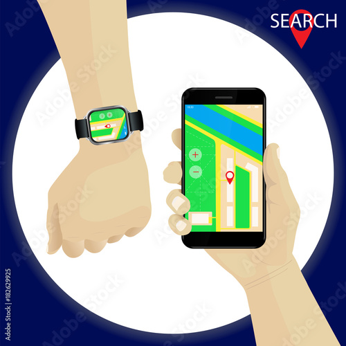 Hand holding smartphone with tracking gps navigation. Hand with smartwatch gps navigation.