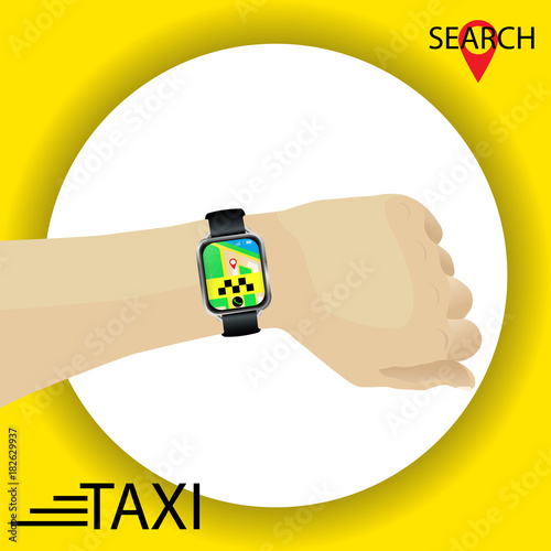 Taxi service. Hand with smartwatch gps navigation searching for taxi in application.