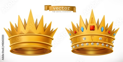 Gold crown, king. 3d realistic vector icon