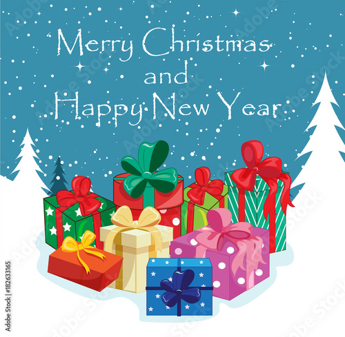 Merry Christmas card wit beautiful Christmas presents