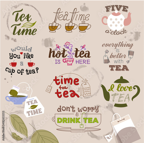 Teatime quote set vector lettering hand drawn cup of tea vintage print typography poster design teapot isolated illustration
