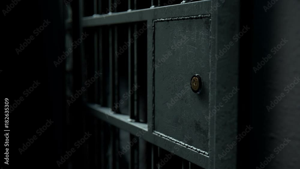 A static camera closeup of a heavy welded iron jail cell door slamming shut on a dark moody background A static camera closeup of a heavy welded iron jail cell door slamming shut on a dark moody background
