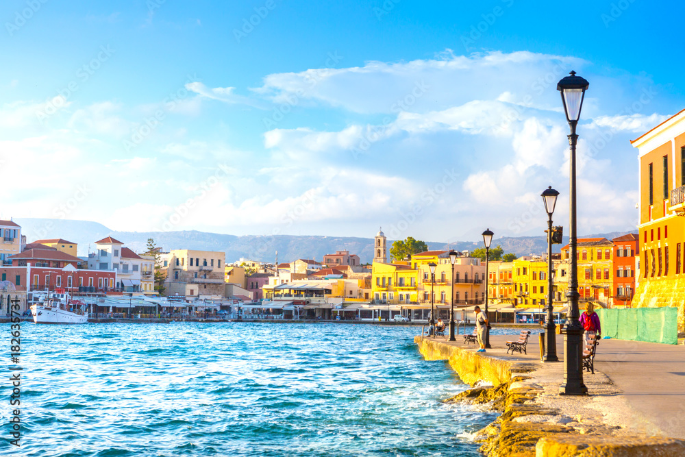 View of the old port of Chania, Crete, Greece.