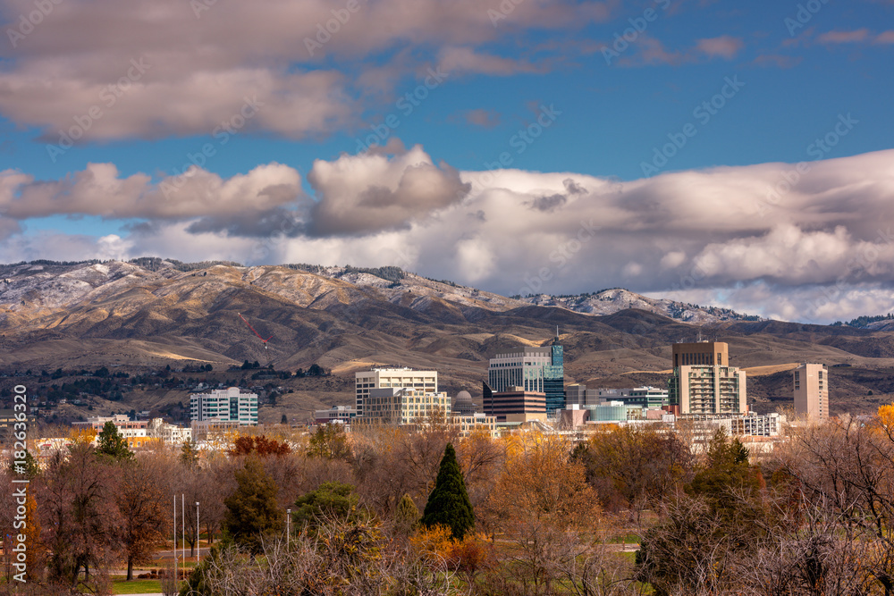 Boise city skyline late fall with puffy clouds in the sky
