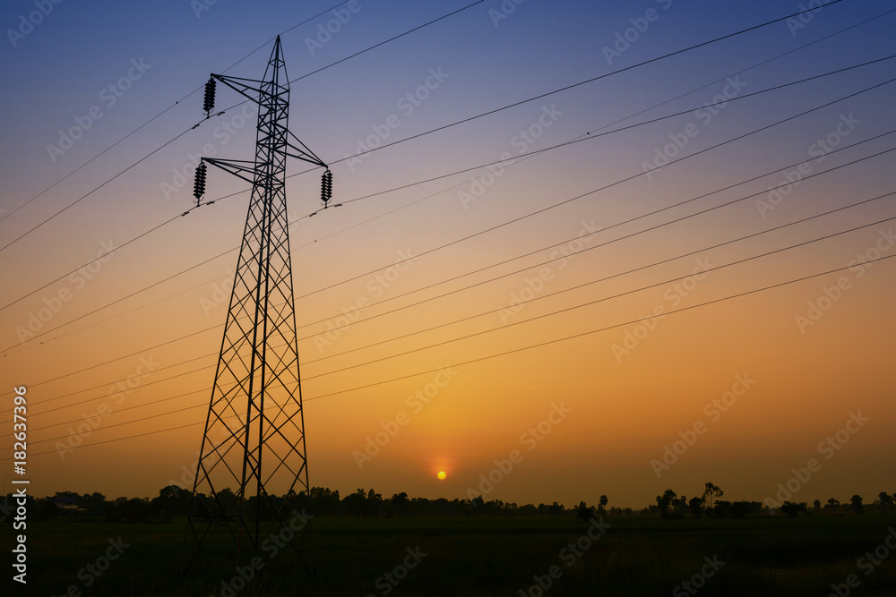 High voltage post or High voltage tower at twilight time