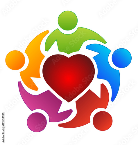 Teamwork people surrounding red heart