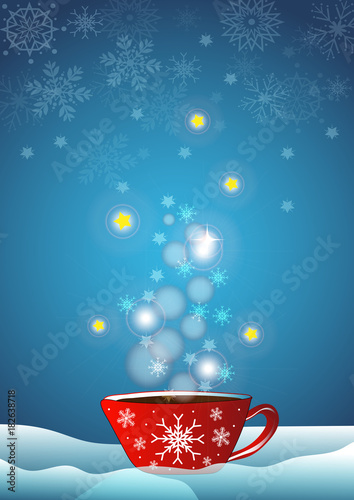 Cute red cup coffee with snowflake pattern, smoky, shinny on blue sky, star, bokeh and snowflake background for Winter, Christmas and New year concept, vector and illustration drawing style