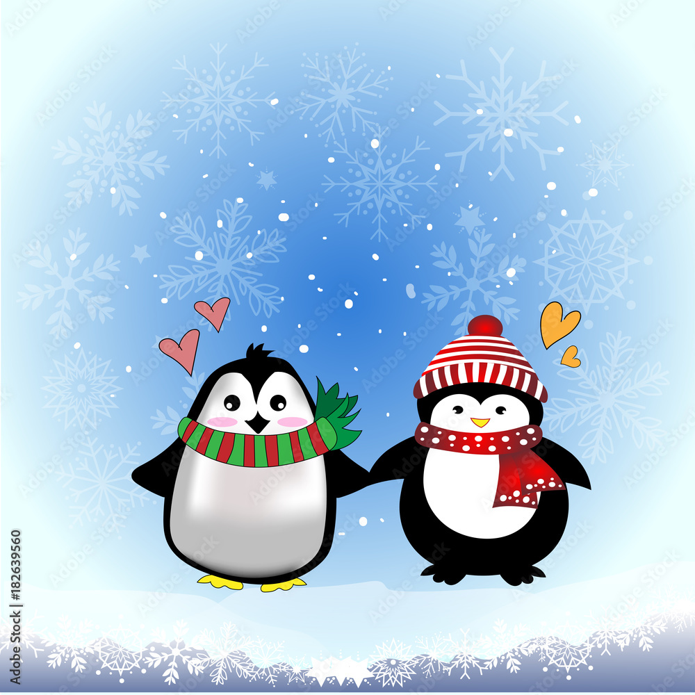 Obraz cute cartoon rysunek pingwina na sobie sweter, szalik, czapka zimowa  na lodowej z opadów śniegu, śniegu i błękitne niebo tle, wektor i  ilustracji Koncepcja zimowych i świątecznych #182639560 - Postacie z