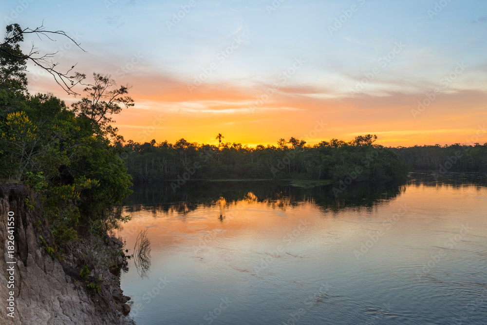 Beautiful sunrise in the amazon jungle, on the Autana river, in southern Venezuela
