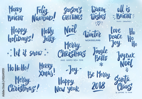 Set of holiday greeting quotes and wishes. Hand drawn text. Great for cards, gift tags and labels, photo overlays, party posters.