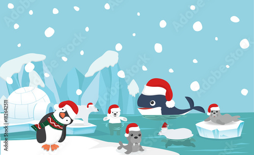 North pole animal background with santa hat