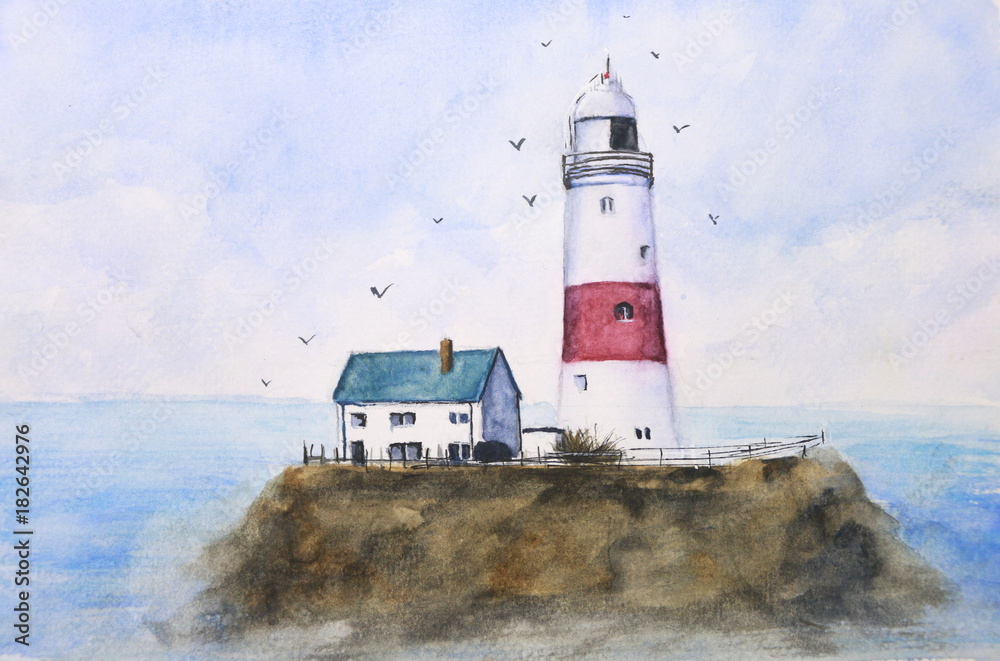 watercolor lighthouse sky and sea with birds