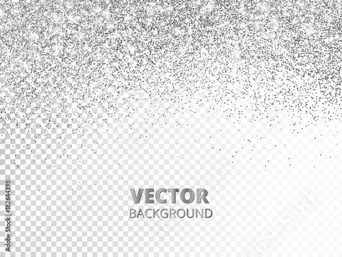 Falling glitter confetti. Vector silver dust isolated on transparent background. Sparkling glitter border, festive frame.