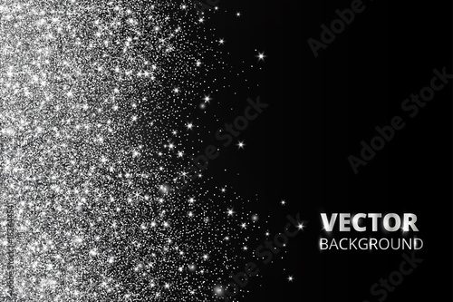 Glitter confetti, snow falling from the side. Vector silver dust, explosion on black background. Sparkling glitter border, festive frame