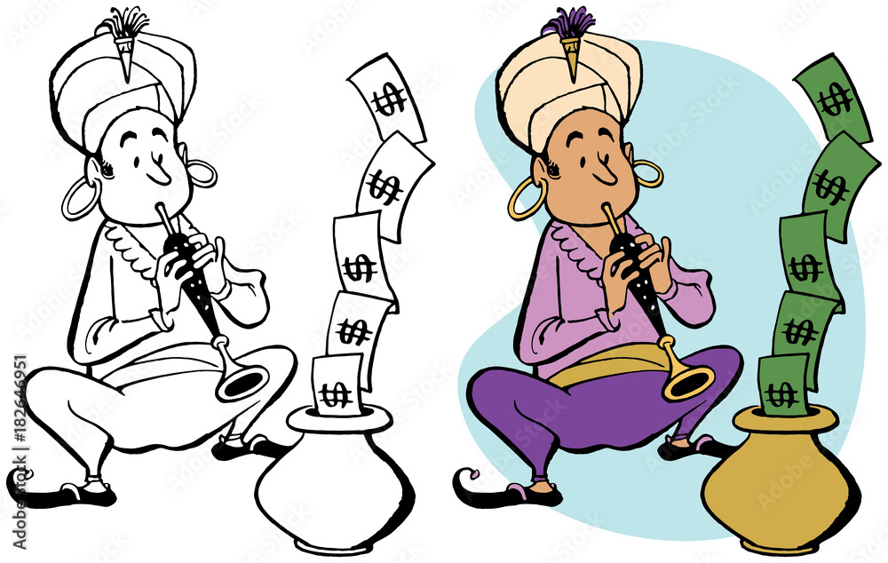 A snake charmer makes dollar bills rise out of a basket with his flute.